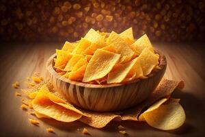 aardappel chips met Cheddar rustiek achtergrond door ai gegenereerd foto