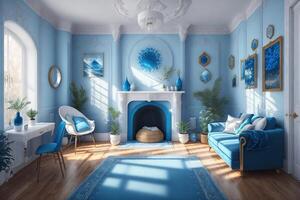 mooi blauw kamer interieur door ai gegenereerd foto