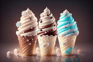chocola vanille ijs room ijshoorntje advertenties met ijs kubussen en sneeuwvlokken door ai gegenereerd foto