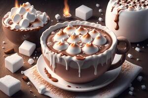 kop van heet chocola met marshmallows door ai gegenereerd foto