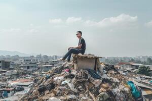 mam zittend Aan top van reusachtig dump met een veel van plastic verspilling en divers gebruikt afval. milieu verontreiniging concept. gemaakt met generatief ai foto