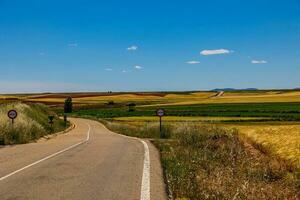 landschap asfalt weg door velden en weiden in warm zomer. dag aragon Spanje foto