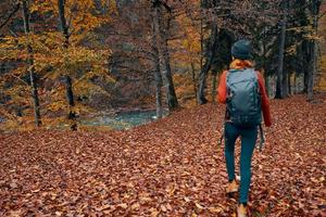 vrouw toerist met een rugzak wandelen in de park met gedaald bladeren in herfst in natuur foto