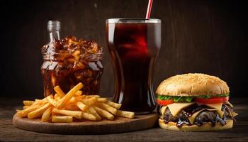 snel voedsel en ongezond aan het eten concept - dichtbij omhoog van snel voedsel snacks en cola drinken Aan houten tafel. generatief ai foto