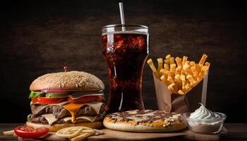 snel voedsel en ongezond aan het eten concept - dichtbij omhoog van snel voedsel snacks en cola drinken Aan houten tafel. generatief ai foto