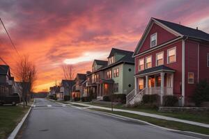 huizen in woon- wijk met dramatisch kleurrijk zonsondergang luchten. illustratie ai generatief foto