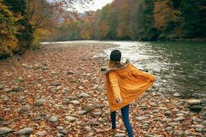 vrouw wandelen in de Woud langs de rivier- herfst reizen foto