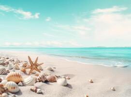 strand zand met sterren en schelpen. illustratie ai generatief foto