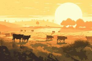 koeien begrazing Aan een boerderij met zonlicht, boerderij landschap illustratie met generatief ai foto