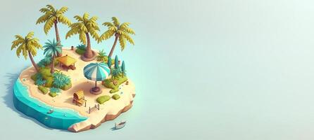 3d banier ontwerp van schattig strand eiland met palm bomen over- blauw achtergrond. generatief ai. foto