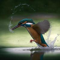 gemeenschappelijk Europese ijsvogel rivier- ijsvogel vliegend na opkomend van water met gevangen vis prooi in bek ai generatief foto