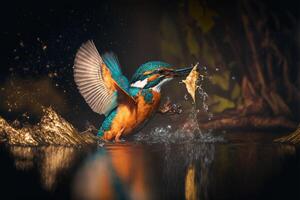 gemeenschappelijk Europese ijsvogel rivier- ijsvogel vliegend na opkomend van water met gevangen vis prooi in bek ai generatief foto