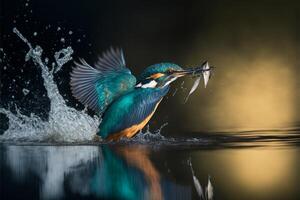 gemeenschappelijk Europese ijsvogel rivier- ijsvogel vliegend na opkomend van water met gevangen vis prooi in bek ai generatief foto