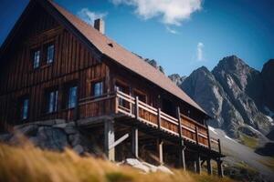 huisje in natuur. lodge in bergen. generatief ai foto