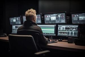 Mens werk met video editor werken achter meerdere monitoren generatief ai foto