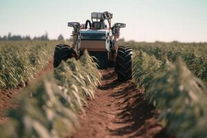 trekker oogsten hennep planten in de veld, commercieel hennep teelt generatief ai foto