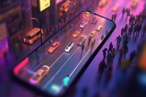 mobiel spel wereld met mensen een virtueel realiteit Aan stad leven generatief ai foto
