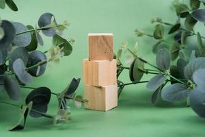 houten blokken met eucalyptus takken Aan groen achtergrond foto