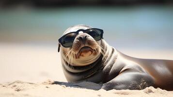 zee leeuw Aan de strand met zonnebril ai gegenereerd foto