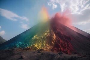 een reusachtig vulkaan gezien van ver weg uitbarsting regenboog gekleurde kleur poeder gemaakt met generatief ai technologie. foto
