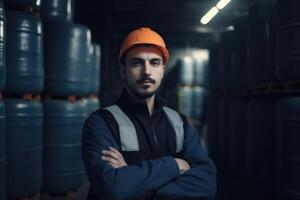 een zelfverzekerd mannetje fabriek arbeider met armen gekruiste gemaakt met generatief ai technologie. foto