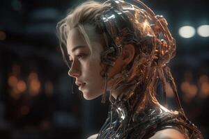 een vrouw menselijk cyborg portret 1000 jaren in de toekomst gemaakt met generatief ai technologie. foto