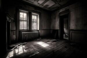een verlaten huis bekeken van een kamer binnen gemaakt met generatief ai technologie. foto