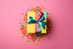 een mooi verjaardag Cadeau doos Aan een kleurrijk achtergrond gemaakt met generatief ai technologie. foto