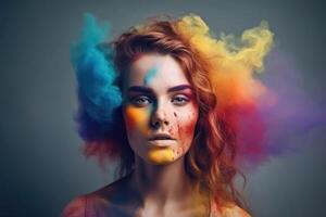 exploderend kleur poeder in regenboog kleuren vormen een portret van een mooi jong vrouw gemaakt met generatief ai technologie. foto