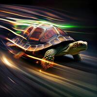 schattig schildpad kruipen snel met snelheid beweging vervagen, woon-werkverkeer concept met heel snel schildpad rennen in de straten. generatief ai foto