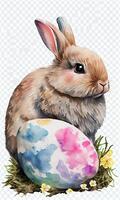 konijn en Pasen eieren. weinig konijn in mand met versierd eieren - Pasen kaart. concept van Pasen ei illustratie. generatief ai foto
