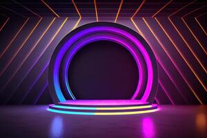 circulaire stadium met neon lichten, abstract achtergrond. ai gegenereerd foto
