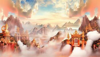 abstract panoramisch achtergrond met hemels goden landschap behang. ai gegenereerd foto