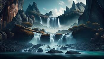 abstract panoramisch achtergrond met berg waterval landschap behang. ai gegenereerd foto