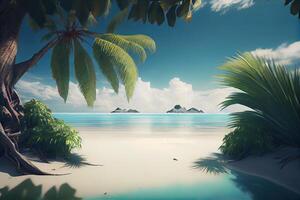 illustratie tropisch paradijs strand met wit zand en kokosnoot palmen reizen toerisme breed panorama achtergrond concept. generatief ai foto