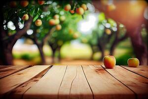 leeg hout tafel met vrij ruimte over- oranje bomen, oranje veld- achtergrond. voor Product Scherm montage. houten tafel plaats van vrij ruimte voor uw. generatief ai foto