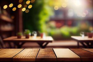 beeld van houten tafel in voorkant van abstract wazig achtergrond van restaurant lichten. hout tafel top Aan vervagen van verlichting in nacht café, restaurant achtergrond. selectief focus. generatief ai foto