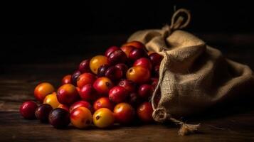 een zak jute van rauw koffie fruit studio schot Product fotografie en mooi zo presentatie. foto