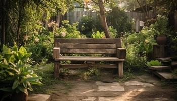 achtertuin tuin houten bank een plaats naar zitten en kom tot rust met natuur en fabriek omringen. achtergrond en achtergrond. foto