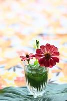 rood gerbera of barberton madeliefje bloemen in Doorzichtig glas versieren Aan tafel. chrysant bloeiend bloem. foto