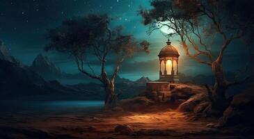 Ramadan Islamitisch lantaarn Aan woestijn achtergrond, in de stijl van romantisch maanlicht zeegezichten, blauw en amber, mysterieus droomlandschappen, decoratief schilderijen, illustratie generatief ai foto