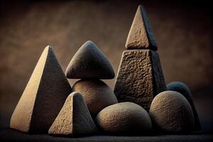 stenen piramide vorm gestapeld in de Woud. stack van stenen vormen apache net zo met een Woud in de achtergrond. ruimte voor tekst. generatief ai. foto