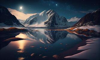mooi met sneeuw bedekt bergen tegen de fantastisch sterrenhemel lucht. landschap en met sneeuw bedekt pieken en de mooi sterrenhemel nacht. generatief ai. foto