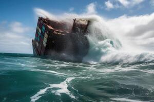 vernield lading schip met containers in stormachtig zee met groot golven. generatief ai foto