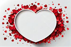 Valentijnsdag dag concept. top visie foto van wit foto kader hartvormig confetti Aan geïsoleerd Aan achtergrond met kopieerruimte. generatief ai