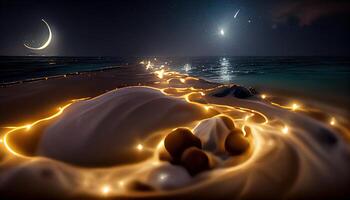 een verbazingwekkend visie van strand Bij nacht gloeiend beeld generatief ai foto