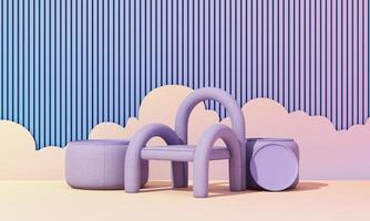 interieur ontwerp concept uitverkoop van huis decoraties en meubilair gedurende promoties, het is omringd door zon en wolk fauteuils en reclame ruimten spandoek. regenboog pastel achtergrond. 3d renderen foto