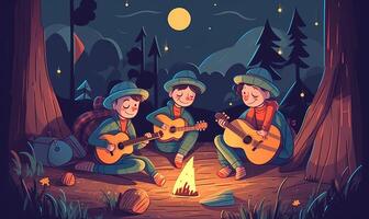 kinderen spelen gitaar Aan een kamp vuur, illustratie ontwerp met generatief ai foto