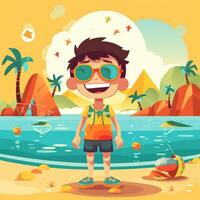 jongen genieten van zomer vakantie, tekenfilm illustratie met generatief ai foto