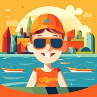 jongen genieten van zomer vakantie, tekenfilm illustratie met generatief ai foto